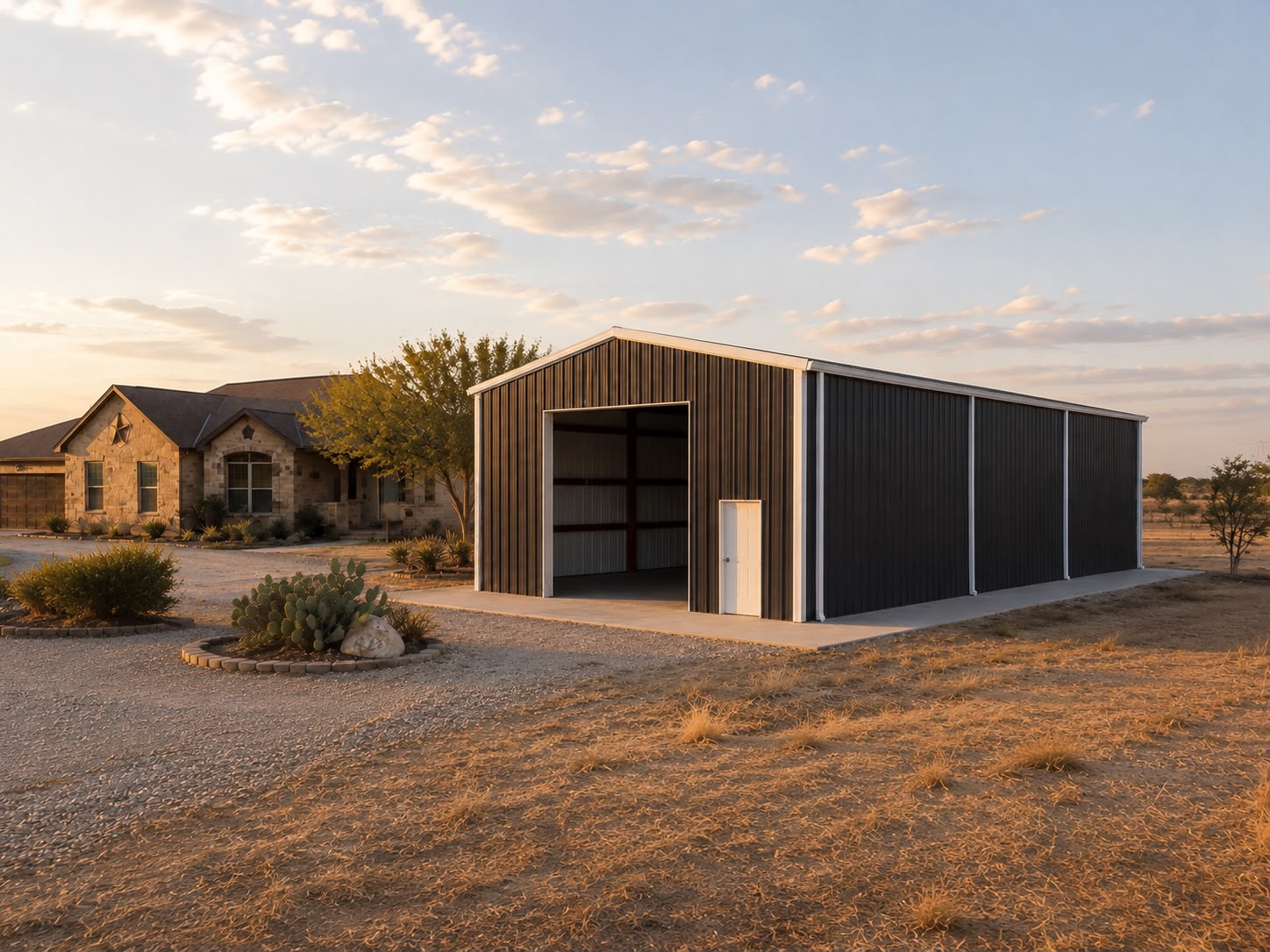 Black metal building beside West Texas home