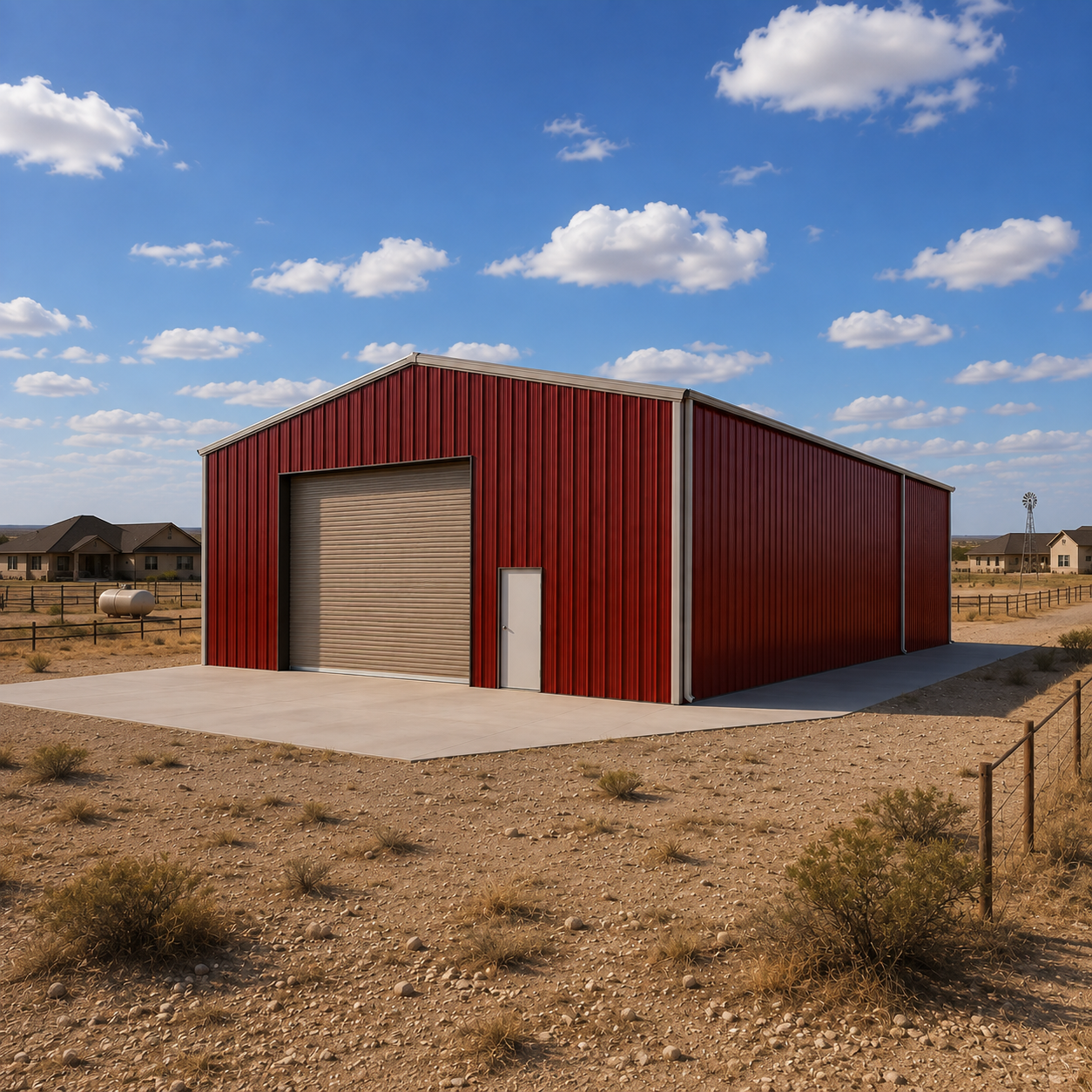 Large red metal building with concrete pad